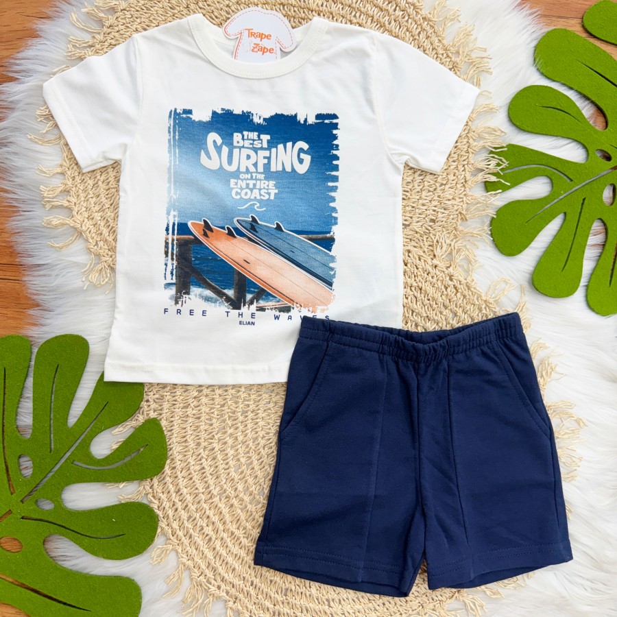 Conj. Camiseta Surfing e Bermuda - Off White e Marinho